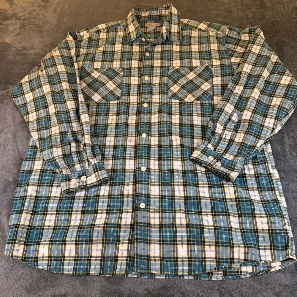 Carhartt Plaid Button Up Shirt Blue Green Double Pocket LS Mens Extra Large